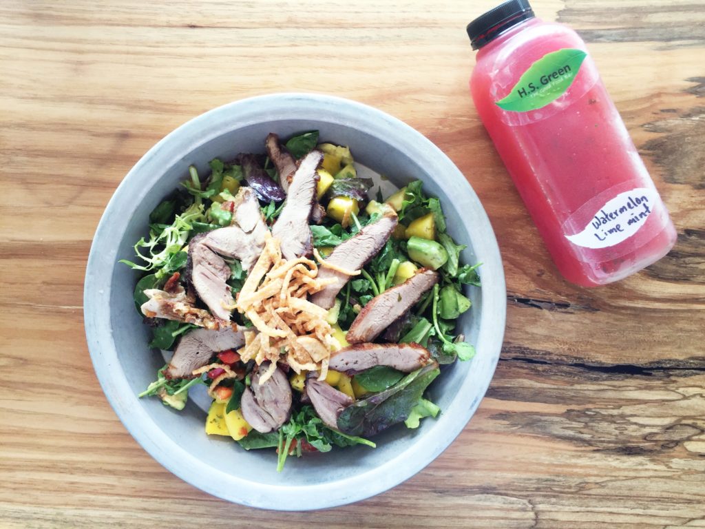 H.S. Green’s Crispy Duck and Watercress salad goes well cold-pressed watermelon, lime and mint juice.