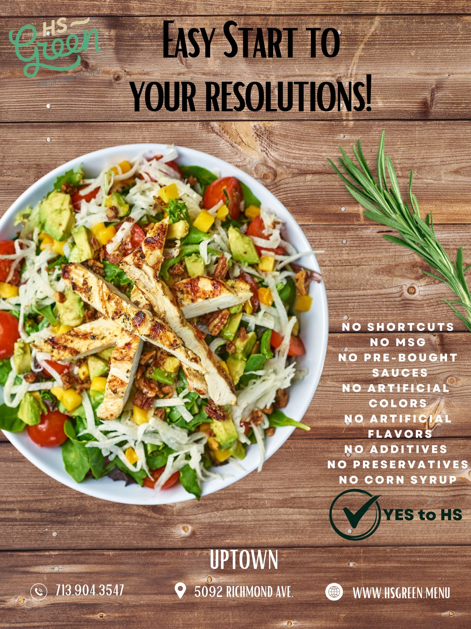 Healthy salad with grilled chicken, avocado, and fresh vegetables, promoting HS Green's commitment to clean eating, featuring text about avoiding food additives and shortcuts, and encouraging a healthy lifestyle.